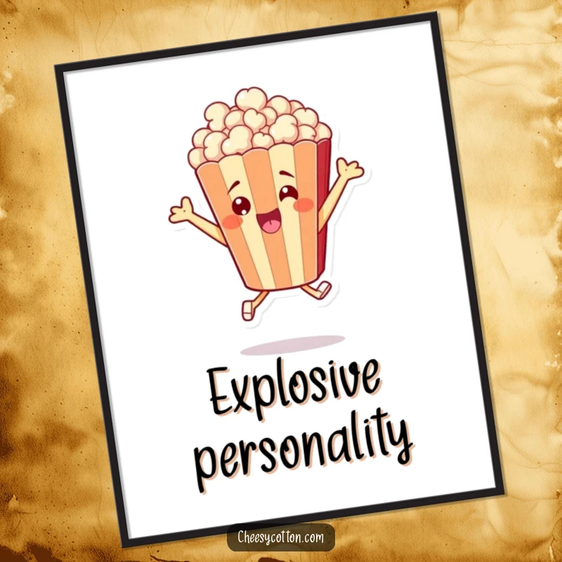 Funny poster showcasing a cheerful popcorn bag character in an energetic leap, capturing the thrill of movie time.