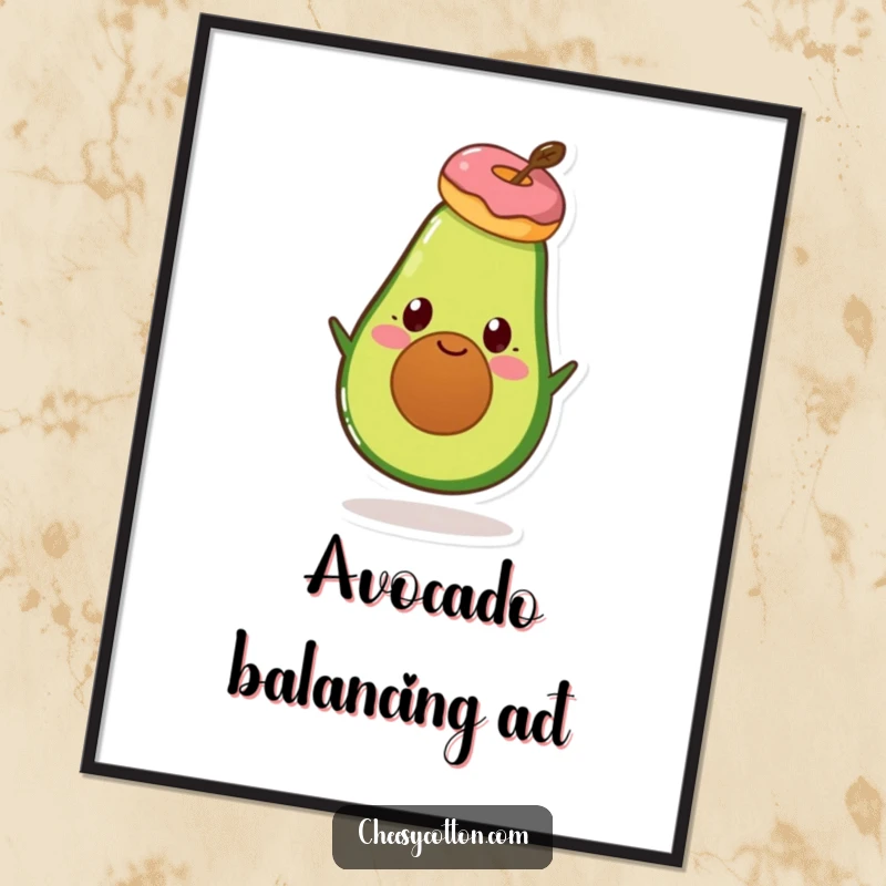 Funny Avocado Donut Poster: Vibrant wall art of a happy avocado character balancing a donut on its head with skill.