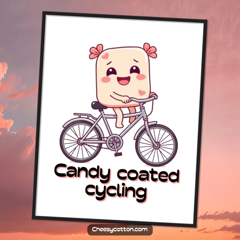 Funny Poster: A giggling candy happily riding a tiny bicycle creates a sweet, whimsical, and joyful visual for charming decor.