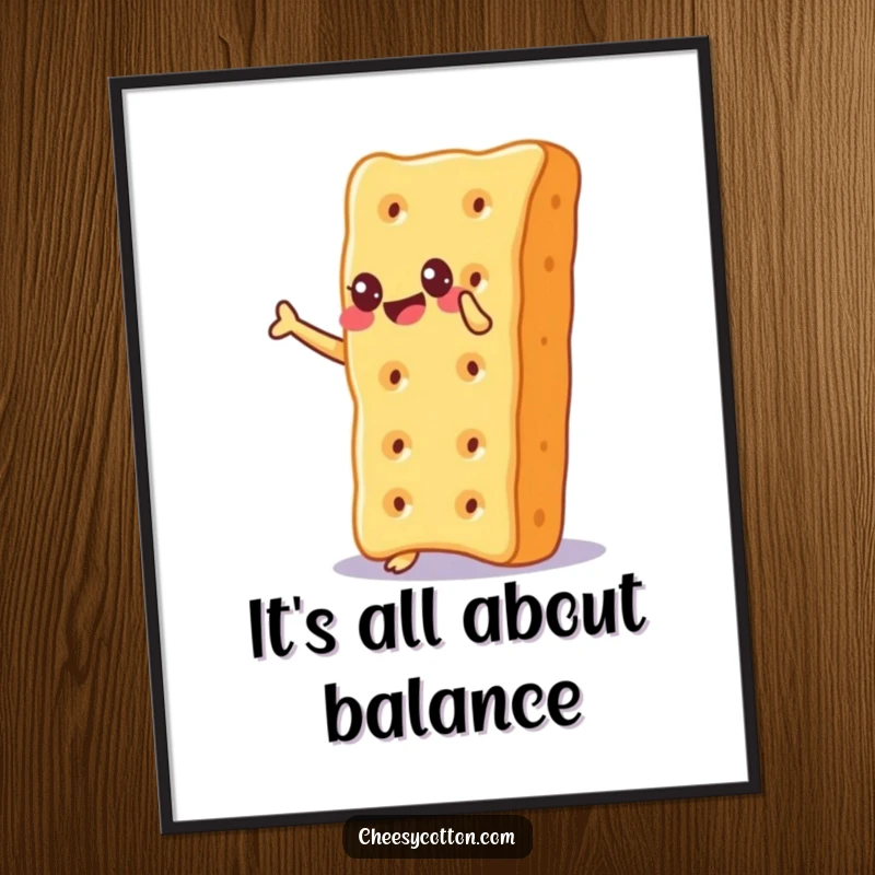 Funny Poster showing a cheesy cracker in a state of pure glee, perfectly balanced on its corner, a humorous art piece.