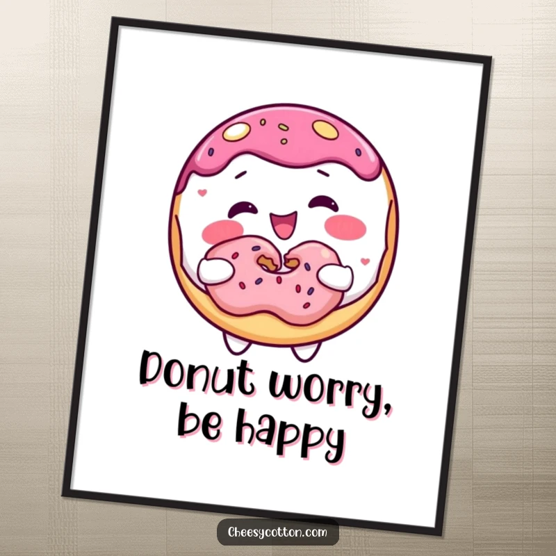 Funny donut character joyfully sharing a donut, depicted as sweet wall art for a heartwarming and humorous display.