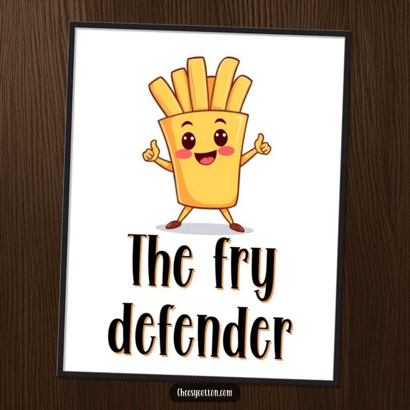 Funny poster depicting a happy french fry character striking a superhero pose, bringing a sense of power and playful inspiration.