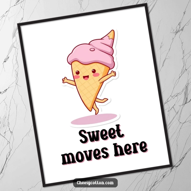 Funny poster depicting a cute ice cream cone character doing a cartwheel, creating a joyful and playful atmosphere. Great wall decor.