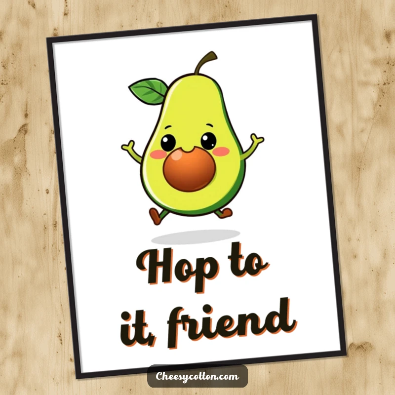 Funny Kawaii Avocado Poster: A grinning avocado in a playful hop, captured in vibrant, cheerful wall art.