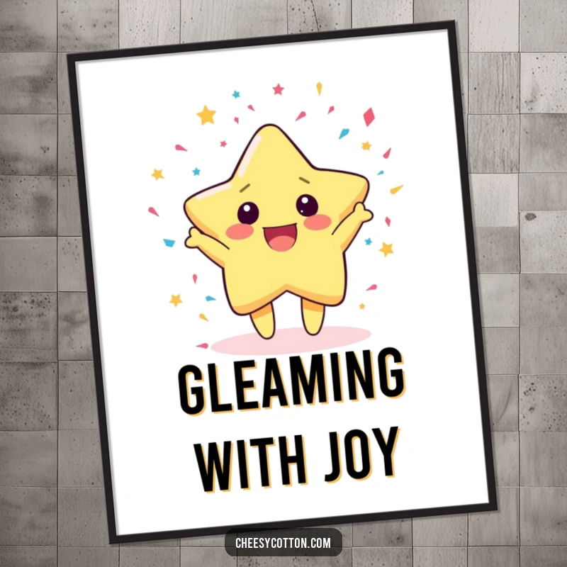 Funny Poster of a cute kawaii star character gleefully throwing confetti, bringing a festive and celebratory atmosphere.