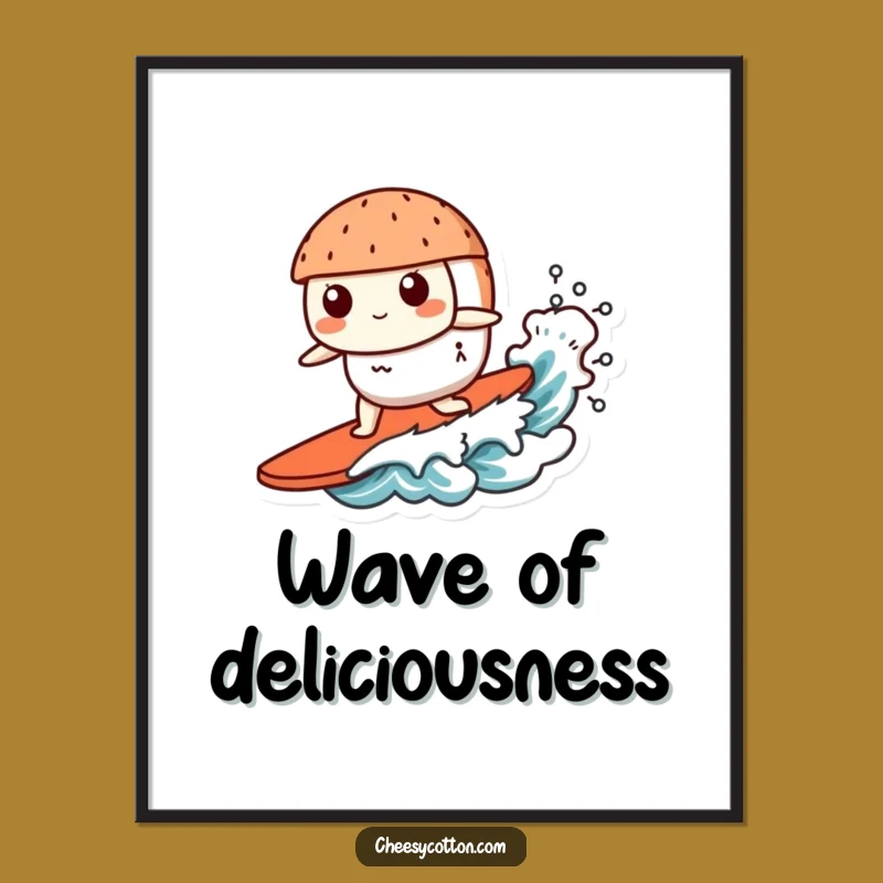 Funny Kawaii Sushi Poster: Sushi Surf Art, Whimsical Funny Gift For Kitchen Decor