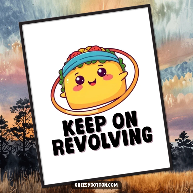 Funny, happy kawaii taco joyfully spinning a hula hoop, presented as vibrant wall art.