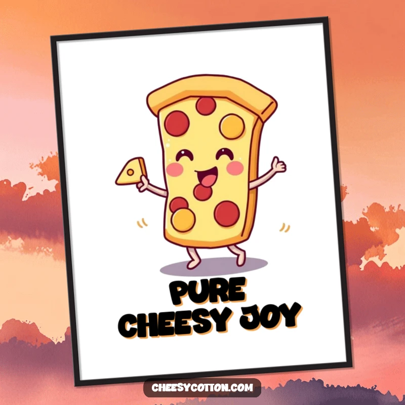 Funny kawaii pizza slice character in a dance pose with cheese, presented as a vibrant funny poster.
