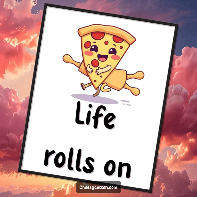 Funny poster depicting a giggling pizza slice character gleefully riding a runaway rolling pin, a piece of art that radiates fun and humor.