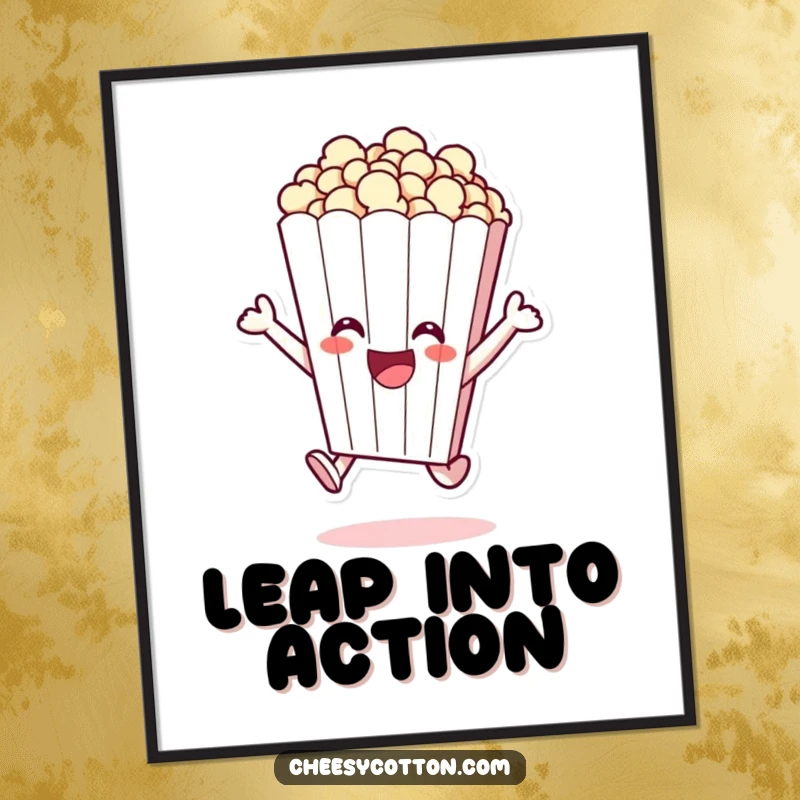 Funny poster of a cheerful popcorn bag character excitedly leaping, adding a dynamic feel.
