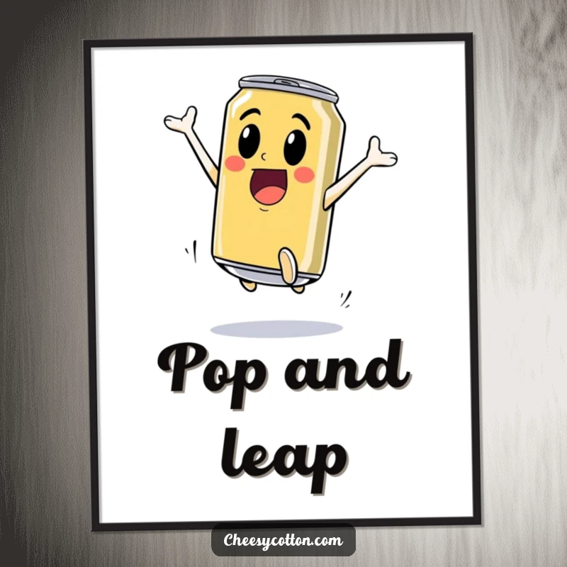 Funny Poster: An excited soda can performing a high jump creates a visually energetic and fun focal point for dynamic decor.