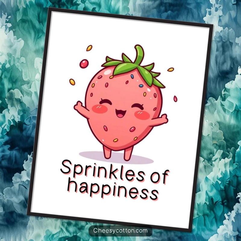 Funny Strawberry Sprinkle Poster: Vibrant wall art of a blushing strawberry character skillfully juggling three colorful sprinkles.