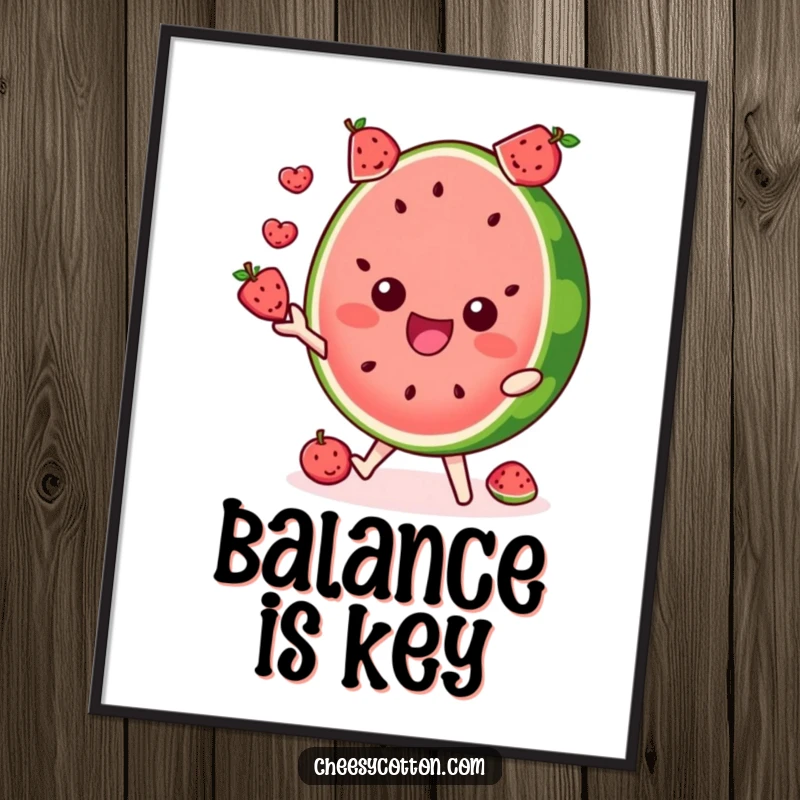 Funny poster of a delighted watermelon slice character juggling tiny fruits, adding a vibrant touch.