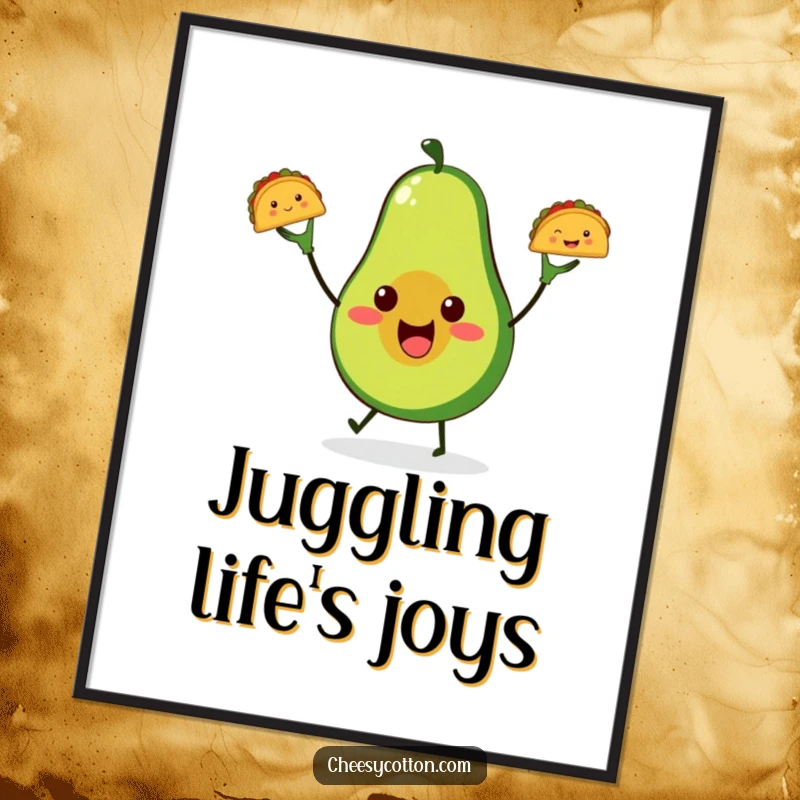 Funny cute avocado taco poster, juggling tiny tacos, bringing vibrant foodie fun and cheerful vibes to your wall.