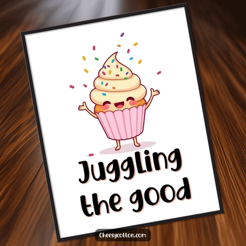 Funny, cheerful cupcake character juggling vibrant sprinkles, framed as delightful wall art, a humorous decorative piece.