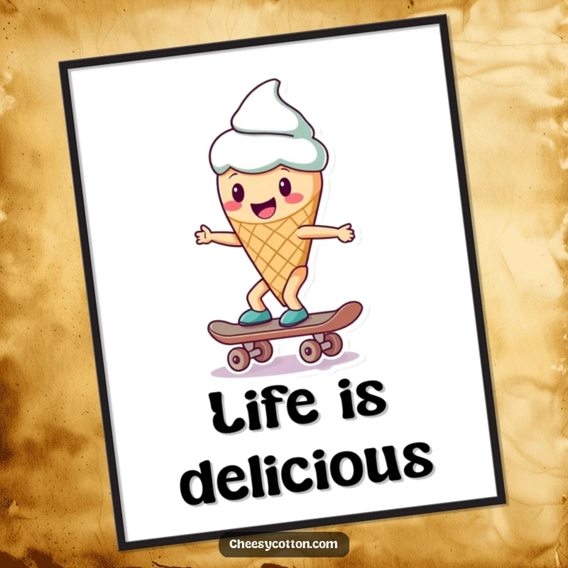 Funny ice cream cone character skateboarding, depicted as cool wall art for a fun and humorous display.