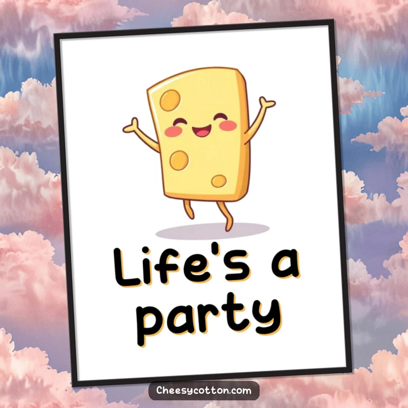 Funny smiling cheese character captured mid-dance, creating cheerful and humorous wall art.