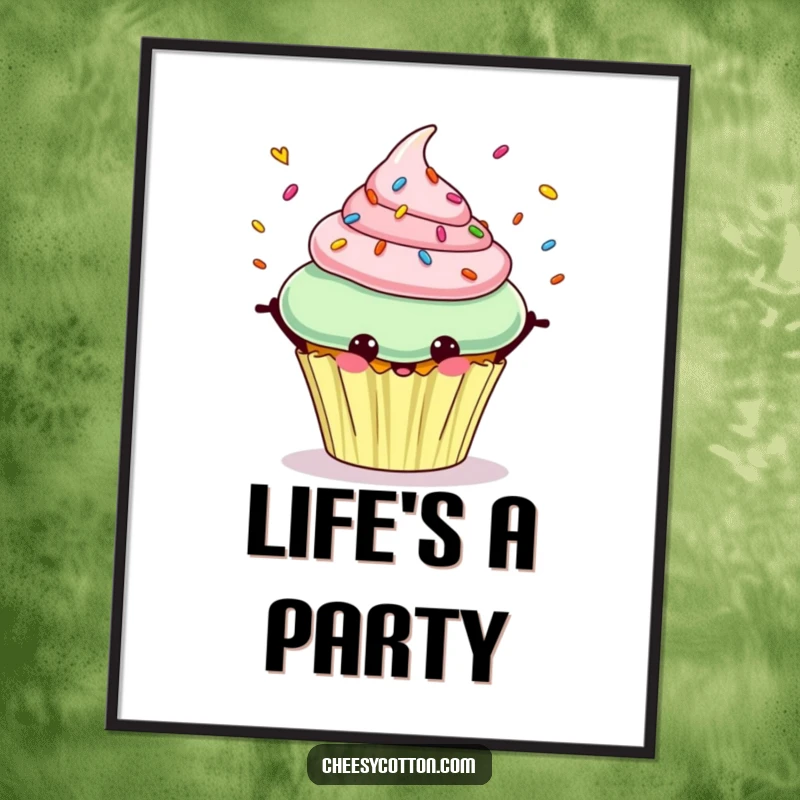 Funny poster art of a cheerful cupcake character joyfully juggling a shower of colorful sprinkles.