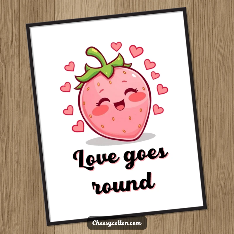 Funny kawaii strawberry giggling and juggling hearts, displayed as a charming poster for heartwarming wall art.