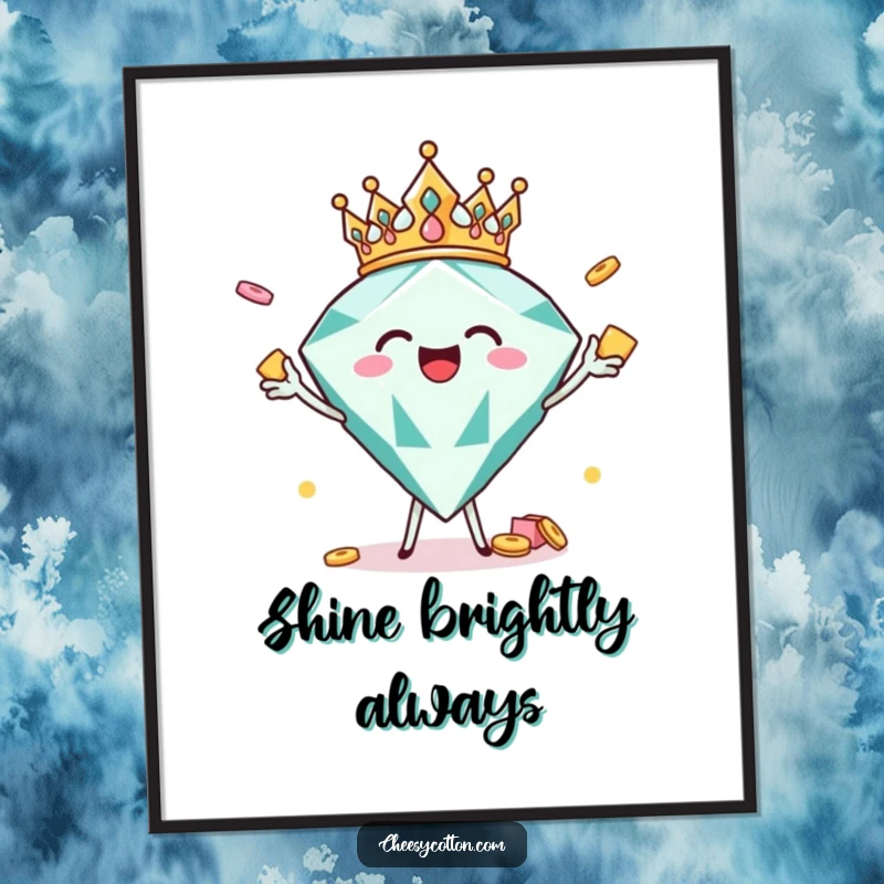 Funny joyful diamond character with a crown tossing snacks, humorous wall art for parties and celebrations.