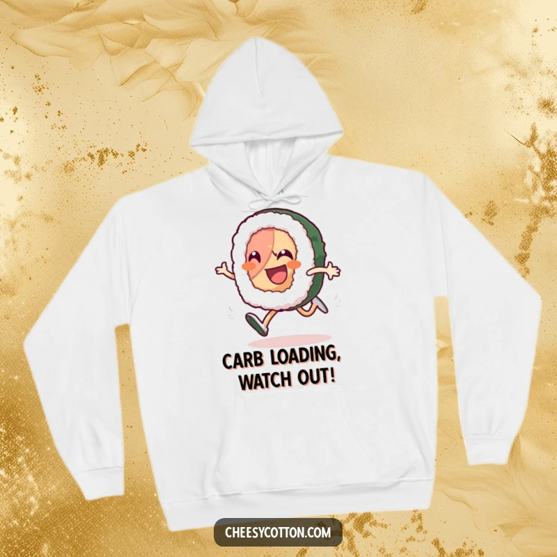 Funny sushi roll character in a high-knee run, radiating happiness, printed on a soft hoodie, a great funny gift.