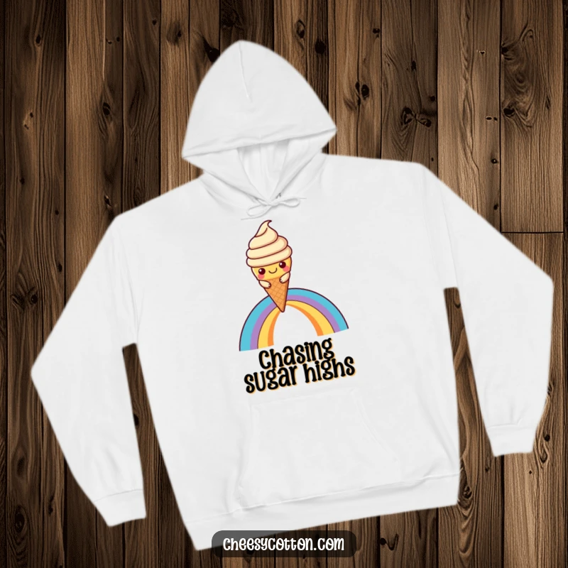 Funny Kawaii Ice Cream Hoodie: A warm, comfortable hoodie showcasing a happy kawaii ice cream cone character sliding down a vibrant rainbow.