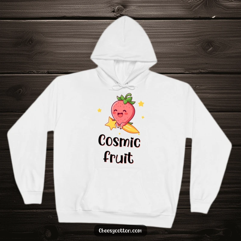 Funny hoodie depicting a cheerful strawberry character, excitedly riding a shooting star through the vast cosmos.