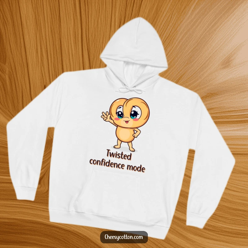 Funny hoodie showcasing a pretzel character in a strong, confident pose, perfect for staying warm.