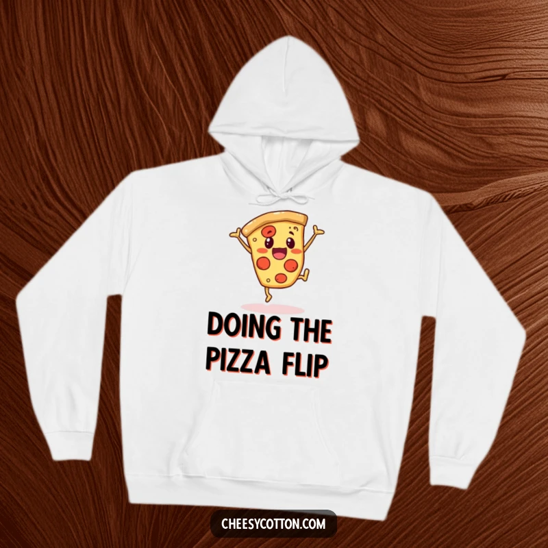 Funny hoodie featuring a cheerful pizza slice character doing a cartwheel, offering warmth and humorous foodie flair.