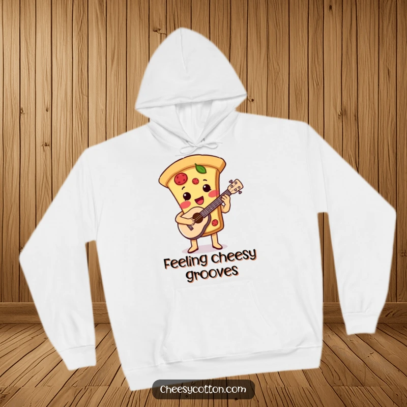 Funny hoodie featuring a cute pizza slice character playing a ukulele, bringing musical cheer and warmth to the wearer.