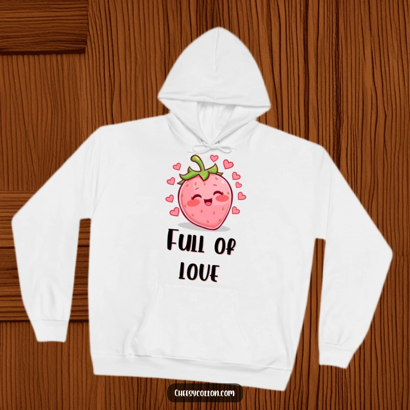 Funny kawaii strawberry juggling hearts on a warm, comfortable hoodie, perfect for spreading love and smiles.