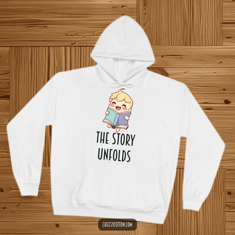 Funny hoodie featuring a joyful book character happily flipping its pages, combining warmth with literary humor.