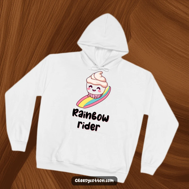 Funny hoodie depicting a smiling cupcake character with mischievous eyes, adventurously sliding down a colorful rainbow.