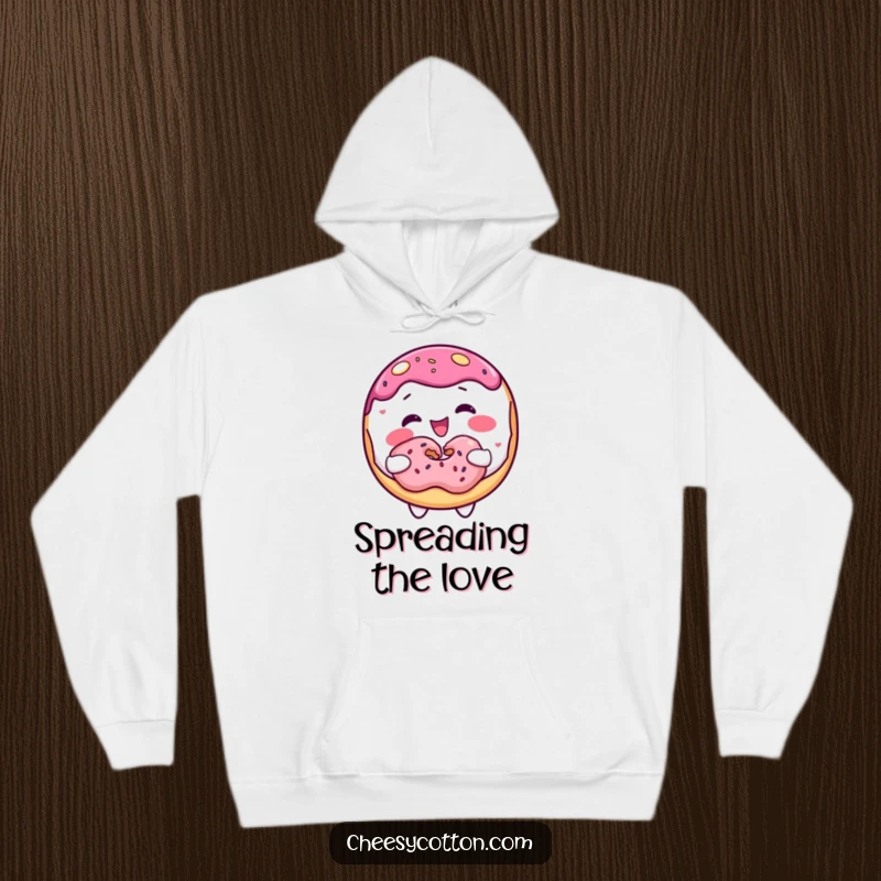 Funny donut character sharing a donut, featured on a comfortable hoodie for a humorous and warm feel.
