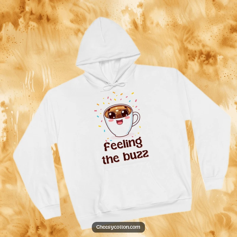 Funny, excited kawaii coffee cup with wide eyes cheering amid colorful confetti, featured on a warm, cozy hoodie.