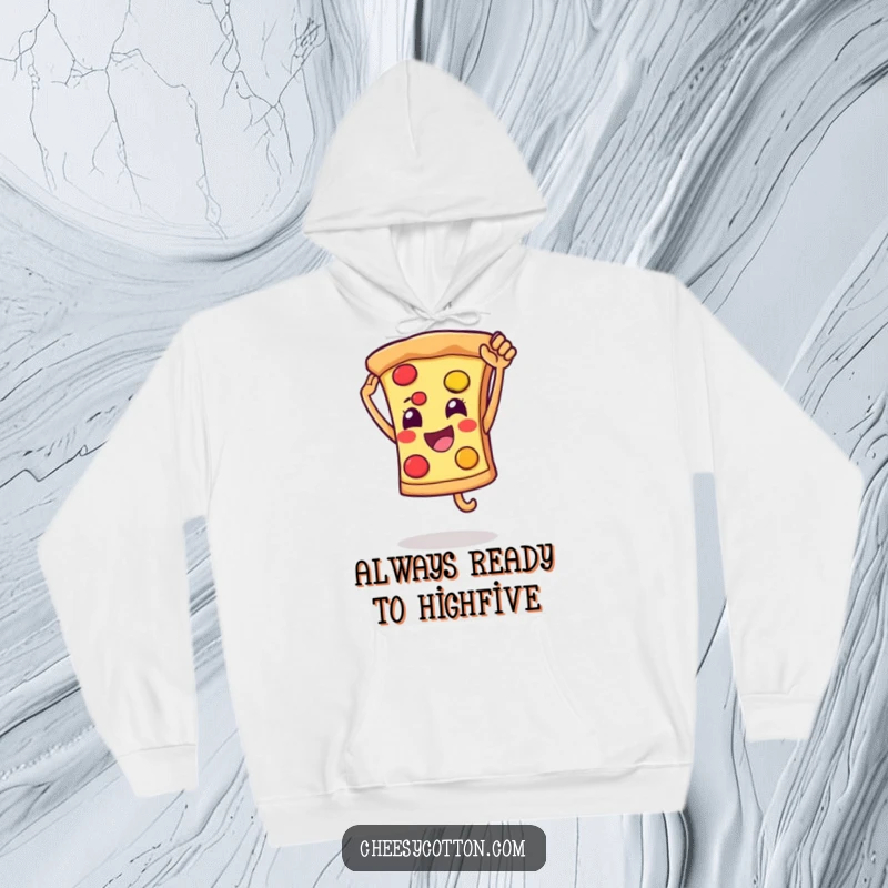 Funny hoodie featuring a smiling pizza slice character leaping for a high five, combining warmth with a cheerful and playful design.