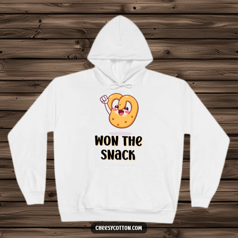 Funny hoodie featuring a happy pretzel character doing a powerful fist pump, embodying success and warmth.