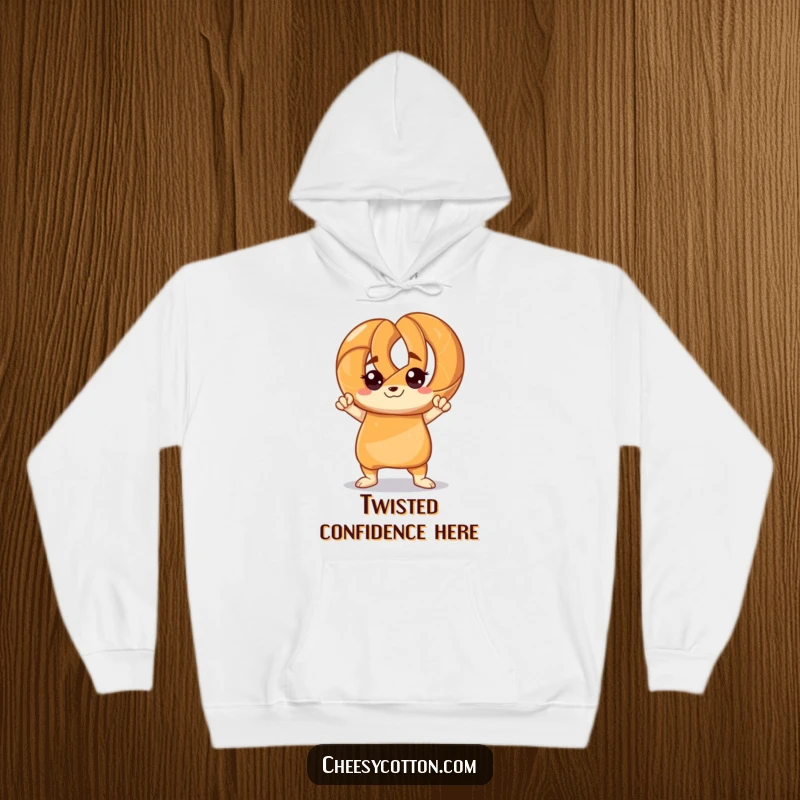 Funny hoodie featuring a pretzel character striking a cool, confident pose, offering a blend of comfort and humorous attitude.