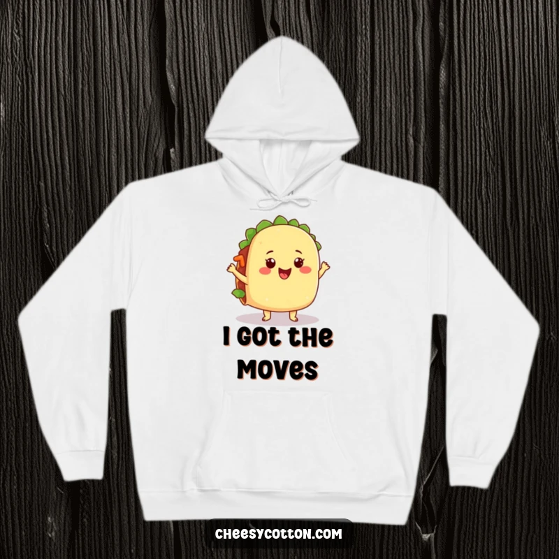 Funny hoodie featuring a happy taco character performing a silly dance with its filling comically jiggling, designed for cozy laughs.