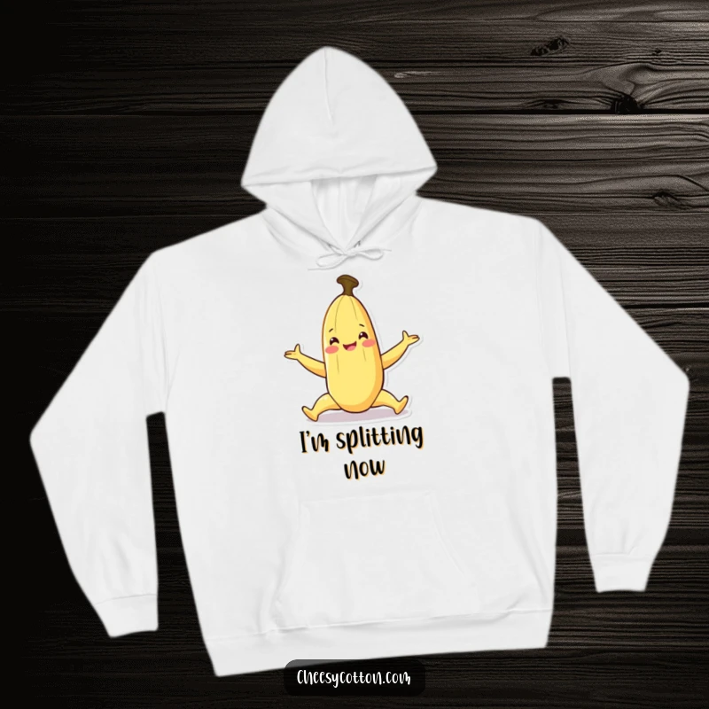 Funny hoodie showcasing a smiling banana character performing a playful split, perfect for comfort.