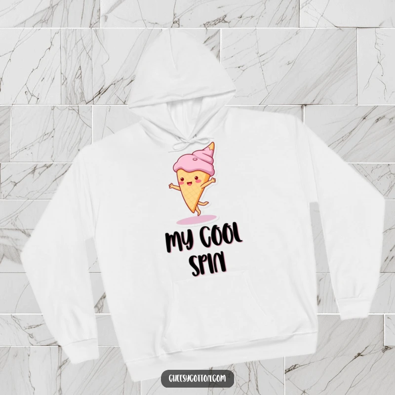 Funny hoodie featuring a cute ice cream cone character doing a cartwheel, combining warmth with a playful and sweet design.