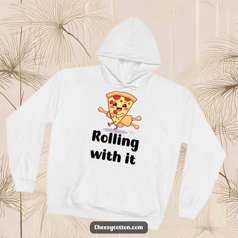 Funny hoodie featuring a giggling pizza slice character riding a runaway rolling pin, offering cozy comfort and humorous visual appeal.