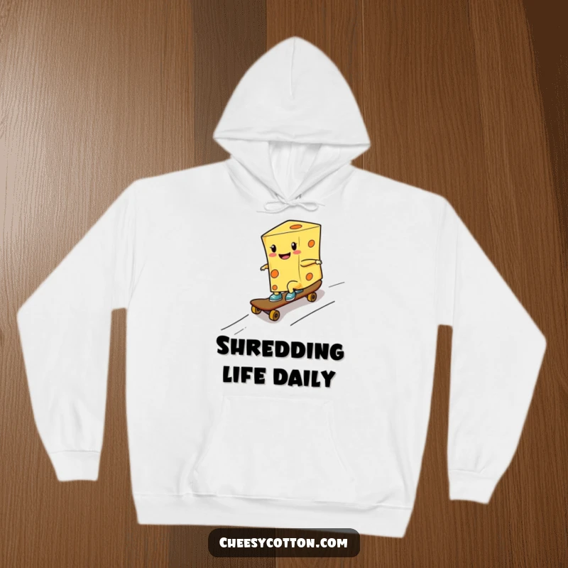 Funny hoodie showing a smiling cheese character confidently skateboarding down a ramp, perfect for cozy, cool vibes.