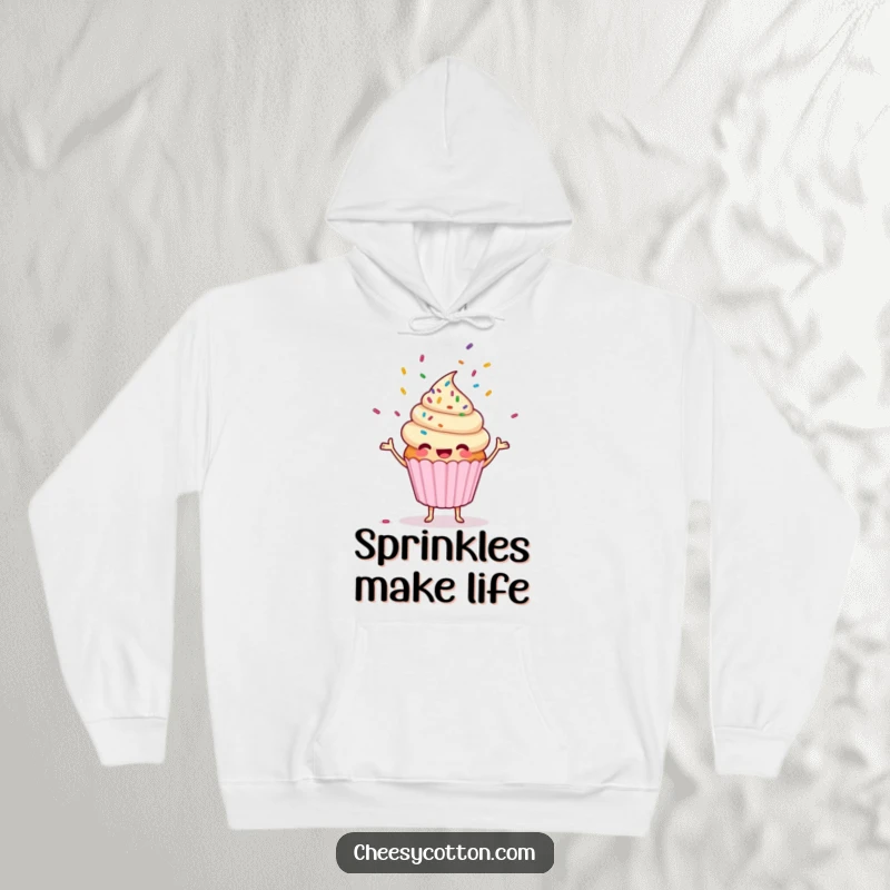 Funny cupcake character juggling colorful sprinkles on a comfortable hoodie, a warm and humorous apparel item.