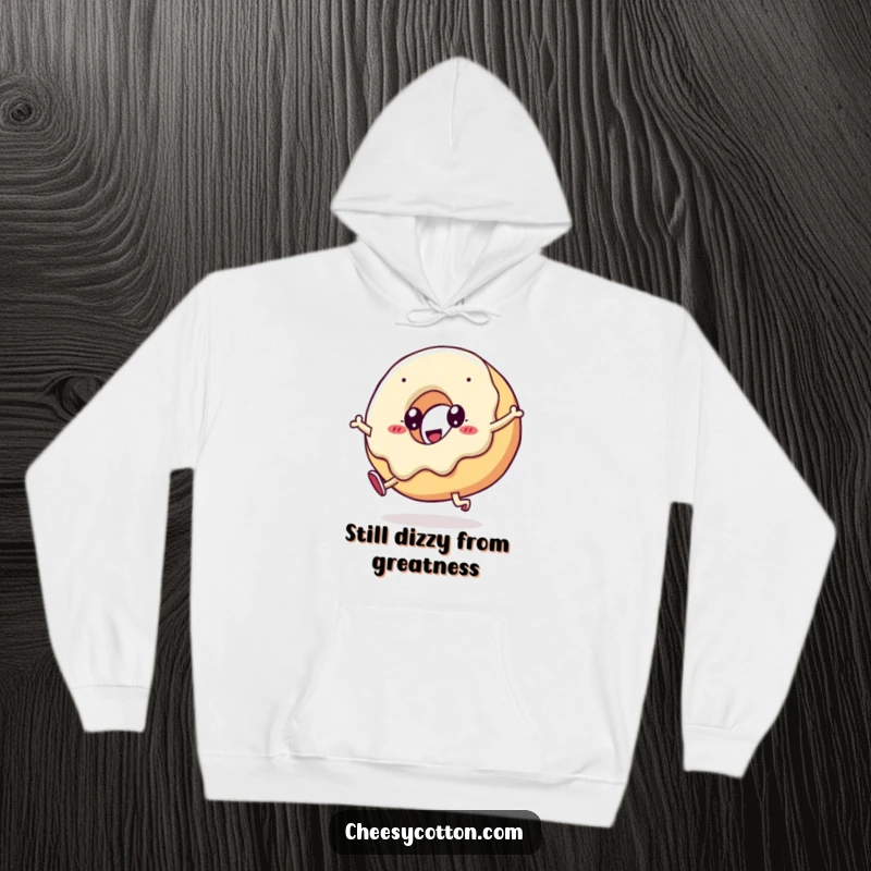 Funny kawaii doughnut performing a cartwheel, showcased on a soft hoodie for maximum comfort and humorous style.
