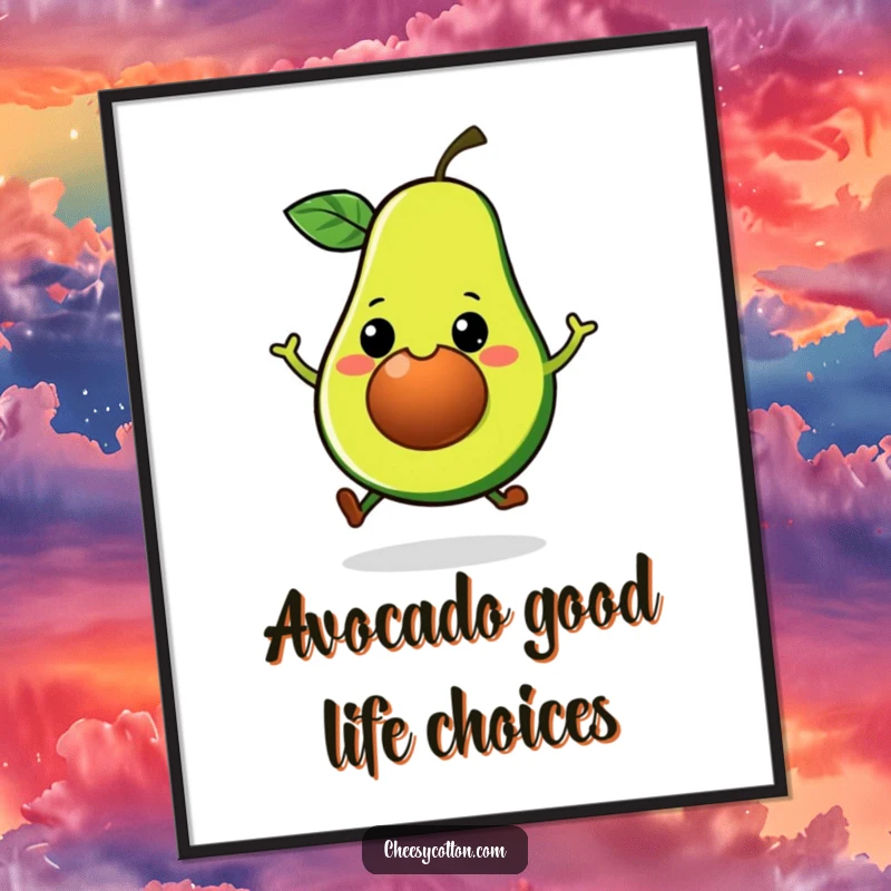 Funny Free Printable Wall Art: A kawaii avocado with a big grin doing a playful hop, adding instant cheer to your decor.