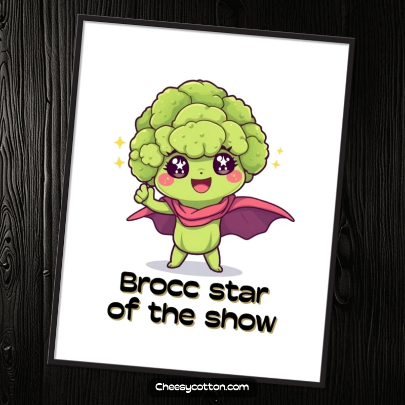 Funny Free Printable Wall Art: A kawaii broccoli floret with sparkling eyes striking a dynamic superhero pose, inspiring your space.