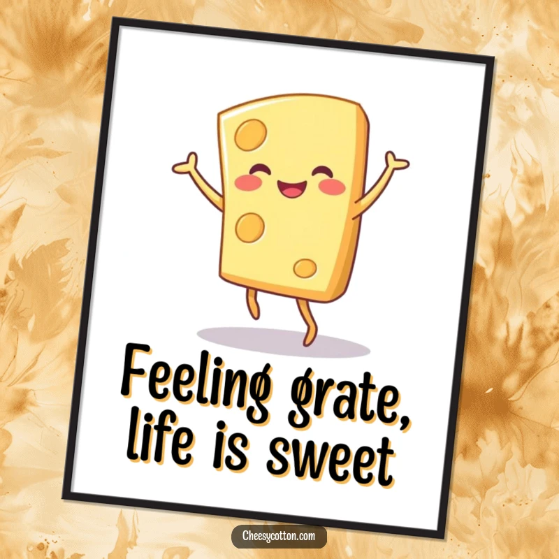 Funny Free Printable Wall Art: A happy cheese character busting out some incredibly joyful dance moves.