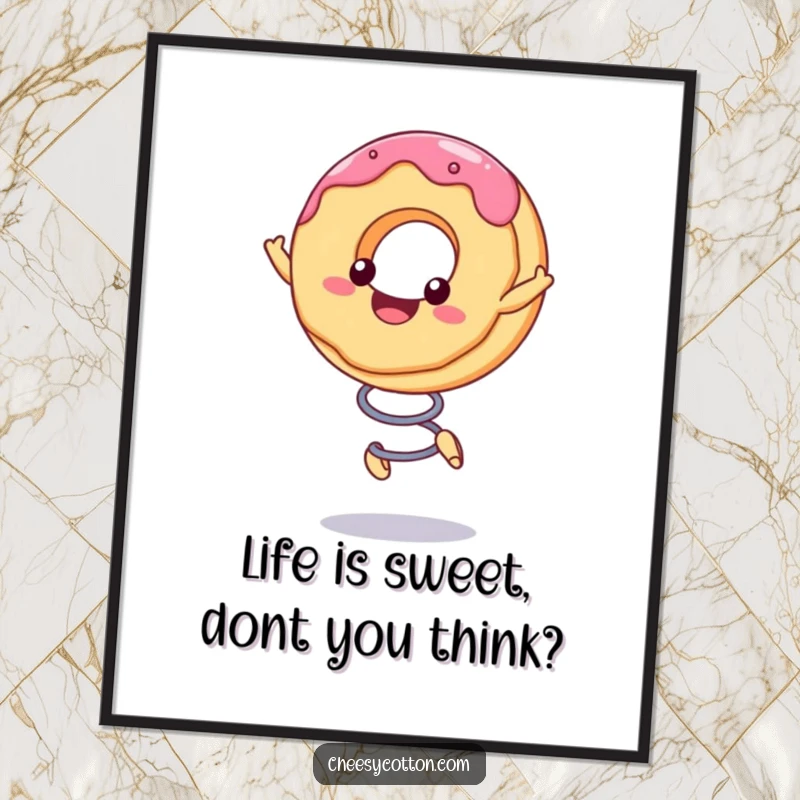 Funny free printable wall art of a smiling kawaii donut character energetically bouncing on a spring, radiating pure happiness.