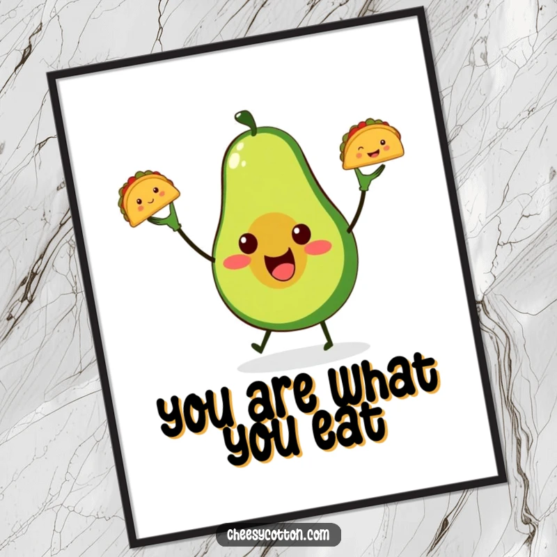 Funny Free Printable Wall Art: A cute avocado character juggling three tiny, smiling tacos with great enthusiasm.